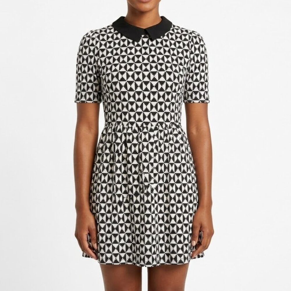 Sweet Rain Geometric Print Dress Black White Peter Pan Collar Fit & Flare Small